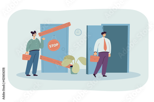 Man and woman having different business possibilities isolated flat vector illustration. Cartoon lady standing in front of close door. Woman discrimination and social inequality concept