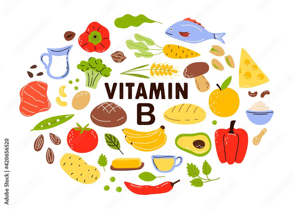 Collect sources of vitamin B. Fruits, vegetables, and nuts. Cartoon flat vector illustration isolated on white background. Collect sources of vitamin B. Fruits, vegetables, and nuts. Cartoon flat vector illustration isolated on white background.
