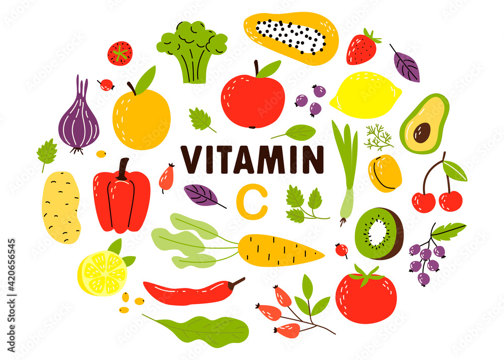 Collection of sources of vitamin C. Fruits and vegetables fortified with ascorbic acid. Cartoon flat vector illustration isolated on white background. Collection of sources of vitamin C. Fruits and vegetables fortified with ascorbic acid. Cartoon flat vector illustration isolated on white background.