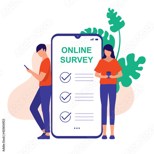 People Taking Online Survey On Their Mobile Devices. Online Survey Concept. Vector Flat Cartoon Illustration. Man And Woman Filling Out An Online Feedback Form. 