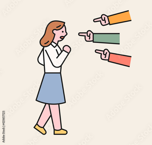 People are pointing at a girl and accusing her. A victim student being bullied.
 flat design style minimal vector illustration.