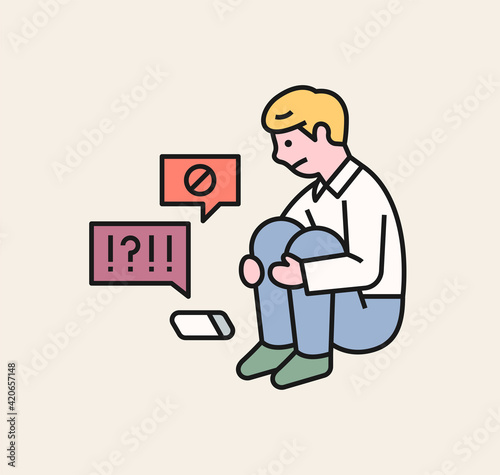 The boy is sitting on the floor and mourning. A victim student being bullied. flat design style minimal vector illustration.