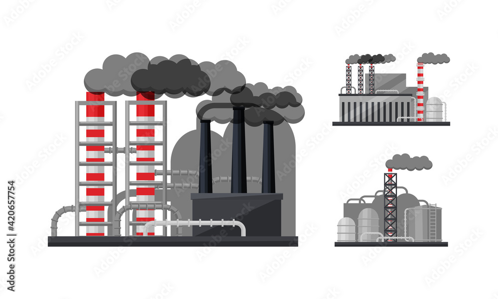 Industrial Plants and Factory Buildings with Pipelines Emitting Smoke Vector Set