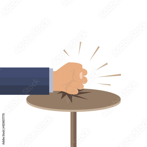 Knocking on the table. The concept of a demand, persistent action or condition. Businessman hand, round table, loud sound. Vector illustration