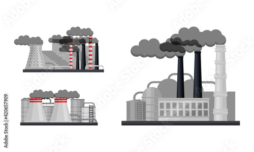 Industrial Plants and Factory Buildings with Pipelines Emitting Smoke Vector Set