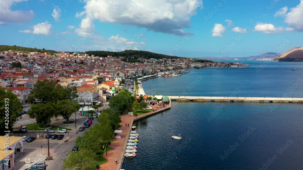 Aerial drone video of Argostoli (Argostolion), famous city and capital of Cefalonia (Kefalonia) island, Ionian islands, Greece. Argostoli town, former municipality on the island of Kefalonia, Greece. Aerial drone video of Argostoli (Argostolion), famous city and capital of Cefalonia (Kefalonia) island, Ionian islands, Greece. Argostoli town, former municipality on the island of Kefalonia, Greece.
