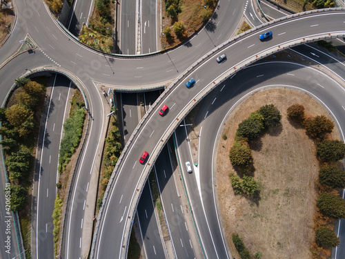 big intersection road from above, aerial view, curve turn