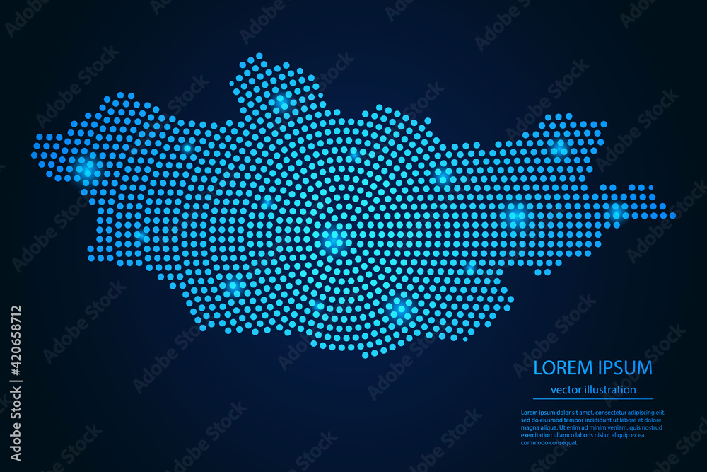 Abstract image Mongolia map from point blue and glowing stars on a dark background. vector illustration.