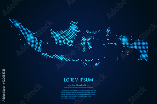 Abstract image Indonesia map from point blue and glowing stars on a dark background. vector illustration.