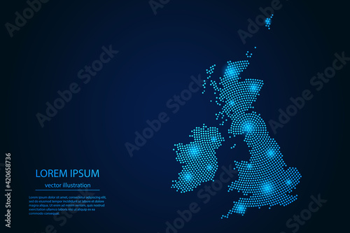 Abstract image United Kingdom map from point blue and glowing stars on a dark background. vector illustration. Vector eps 10.