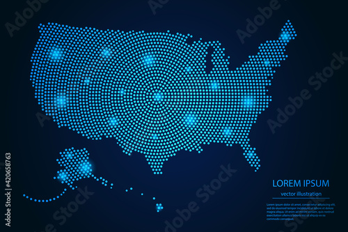 Abstract image United States of America map from point blue and glowing stars on a dark background. vector illustration.