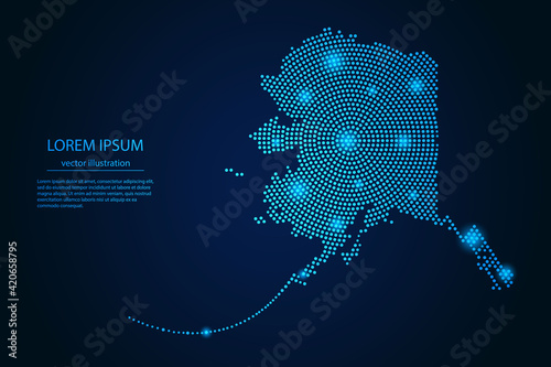 Abstract image Alaska map from point blue and glowing stars on a dark background. vector illustration.
