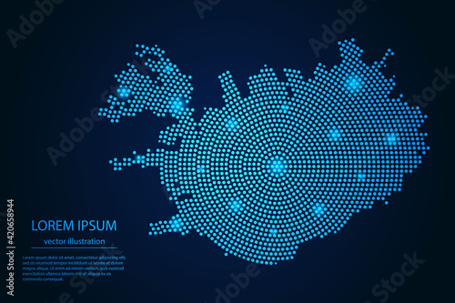 Abstract image Iceland map from point blue and glowing stars on a dark background. vector illustration.