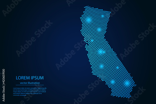 Abstract image California map from point blue and glowing stars on a dark background. vector illustration.