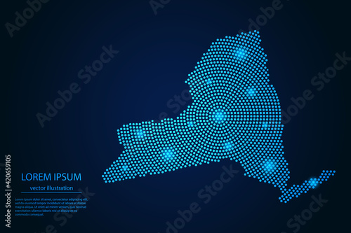 Abstract image New York map from point blue and glowing stars on a dark background. vector illustration.