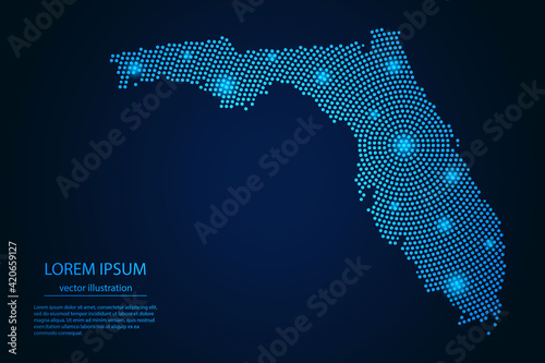 Abstract image Florida map from point blue and glowing stars on a dark background. vector illustration.
