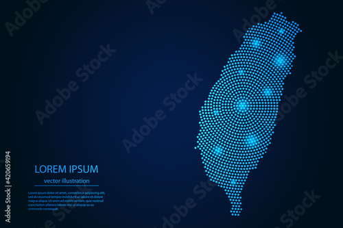 Abstract image Taiwan map from point blue and glowing stars on a dark background. vector illustration.