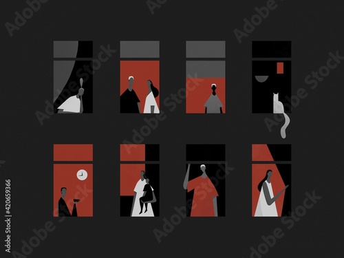 Various people in quarantine and isolation stay at home and look out the windows. Self-isolation or quarantine. Citizens at home. Pandemic Covid-19. Health care concept.