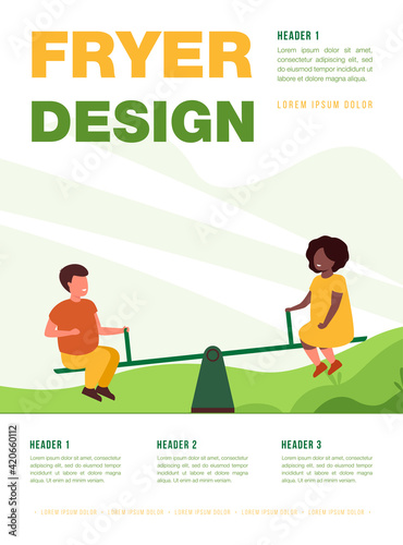 Mixed race kids seesawing on playground. Diverse friends, children, activity. Flat vector illustration. Leisure, vacation, childhood concept for banner, website design or landing web page