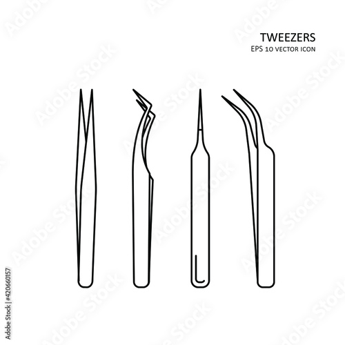 Tweezers thin line icon set. Eps 10 vector illustration of pinchin tools, tongs.