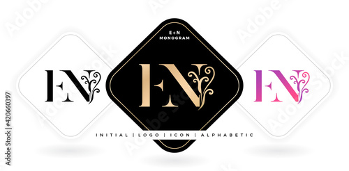 EN initials letters and graphic name symbols, EN Monogram, for Wedding couple logo title alphabet, logo company and icon corporate, with three colors variation designs with isolated white backgrounds.