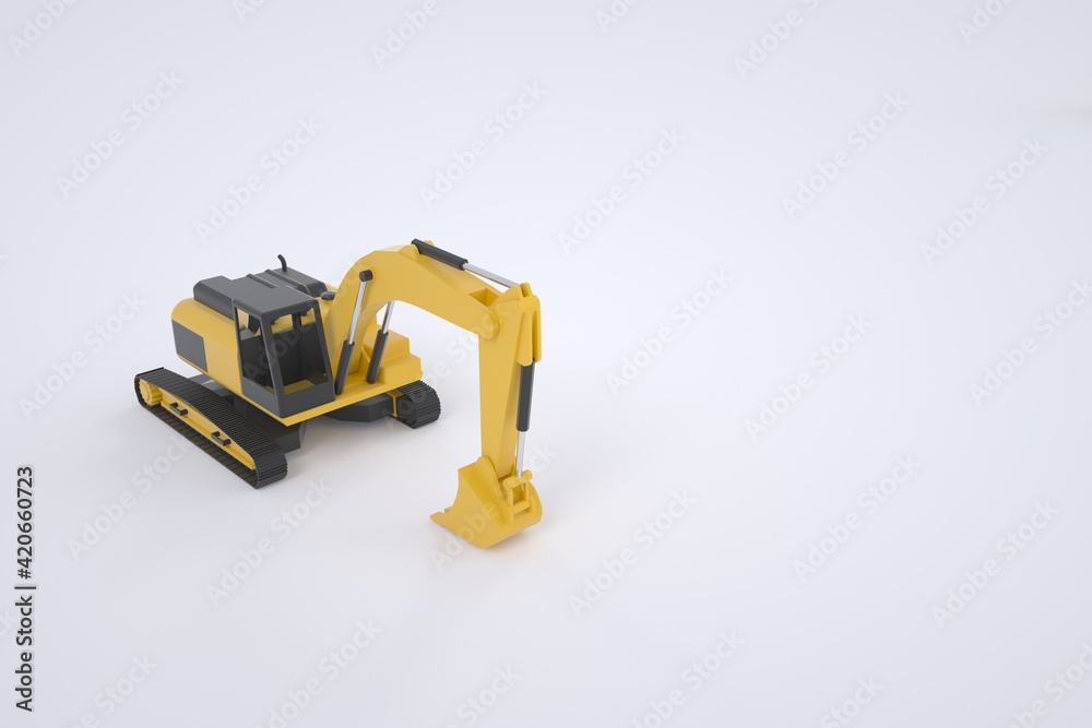 Model of a yellow excavator in 3D graphics. Three-dimensional model of the car. Excavator with a bucket. Isolated excavator on a white background Model of a yellow excavator in 3D graphics. Three-dimensional model of the car. Excavator with a bucket. Isolated excavator on a white background