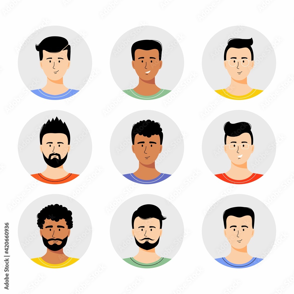 Fototapeta premium Man avatar set vector illustration. Young boys portrait with different hair style isolated on white background. Different nationalities