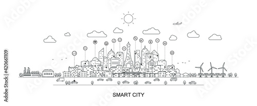 Smart city or modern city. Concept website template. Urban landscape with line elements. Vector illustration.