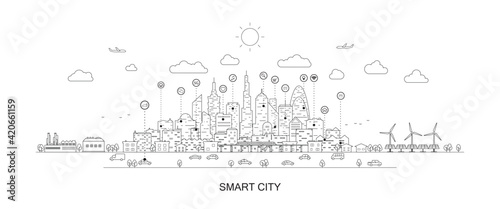 Smart city or modern city. Concept website template. Urban landscape with line elements. Vector illustration.