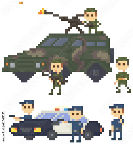 Soldiers and police in uniform near pixelated combat camouflage transport for pixel-game design
