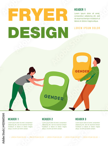 Gender discrimination and inequality. Man and woman lifting kettlebells of different weight. Flat vector illustration. Inequality, injustice concept for banner, website design or landing web page