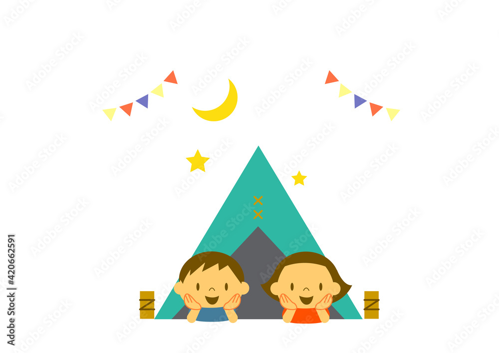 キャンプの夜テントで寝転びながら星空を見上げる子供たちのカラフルでかわいいイラスト素材