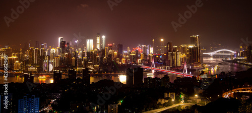 Night view of high-rise buildings beside the Yangtze River in Chongqing