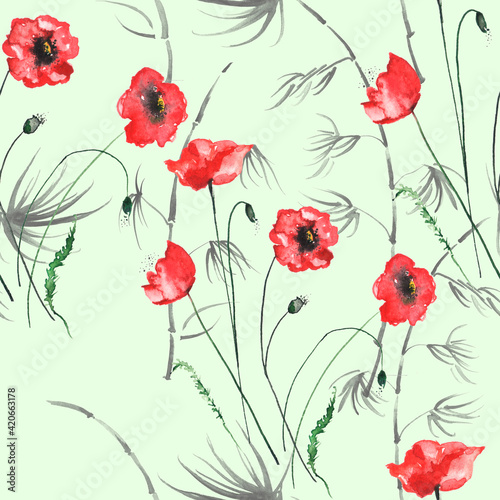 Bamboo watercolor stems and leaves seamless pattern,red poppy flower. painting of bamboo forest on textured paper. Decorative watercolor bamboo, flower, jungle, thickets. silhouette branches, tropics