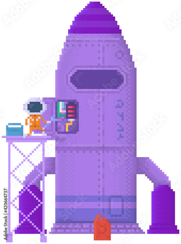 Character repairs rocket to fly away. Pixel alien fueles aircraft. Purple rocket with creature