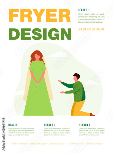 Man on his knees at girl wearing wedding dress. Bride, worship, tailor, groom. Flat vector illustration. Wedding party, relationship concept for banner, website design or landing web page