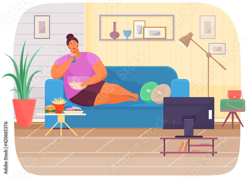 Fat woman is watching movie on television while sitting on her couch and eating snack and fastfood