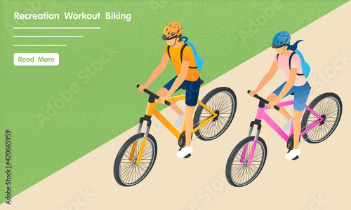Sport Recreation Isometric View of Male and Female Wearing Helmet, Short, Shirt and Backpack Riding Bicycle on the Route with Grass Beside for Work out Vector Graphic Design Banner