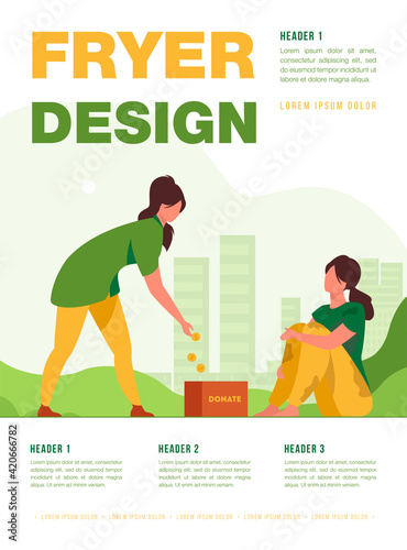 Person donating money to homeless woman. Beggar in dirty clothes asking for donation in street. Flat vector illustration. Poverty, charity, hobo concept for banner, website design or landing web page