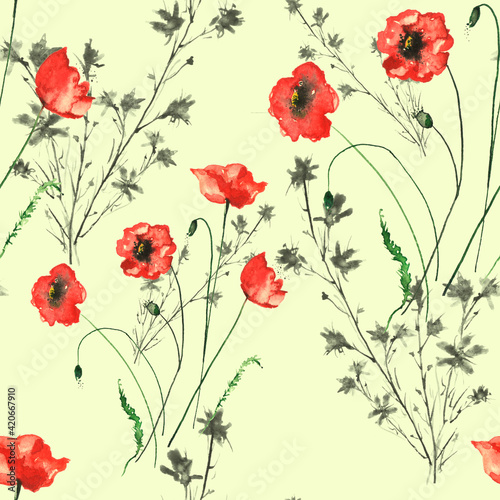 Watercolor vintage pattern. Seamless background with a pattern - flower cornflower  Red poppy  cloves. Beautiful splash of paint  art background for fabric  paper  textiles