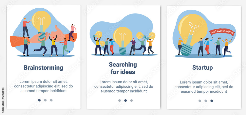 Modern flat illustrations in the form of a slider for web design. A set of UI and UX interfaces for the user interface.The topic is Brainstorming and startup.