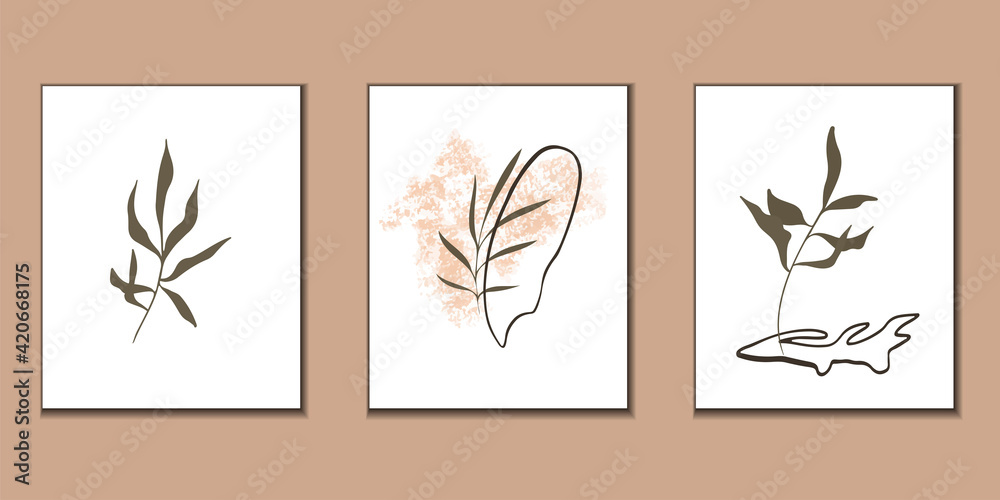 Abstract illustration in trendy minimal style. Spots with floral elements. Vector illustrations for wall decoration, postcard design, print on clothes.