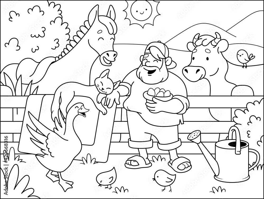 Fototapeta premium Funny farmer and his animals. A country man with a cow, a horse, a goose, chickens and a cat. Coloring book for children. Cartoon vector illustration.