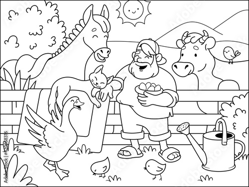 Funny farmer and his animals. A country man with a cow, a horse, a goose, chickens and a cat.  Coloring book for children. Cartoon vector illustration.