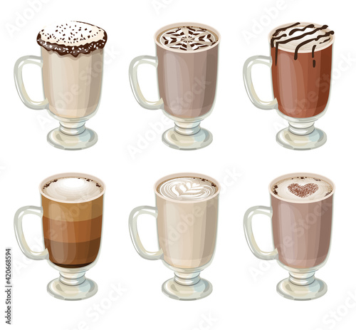 Set with different sorts of coffee in glass. Illustration on white background.