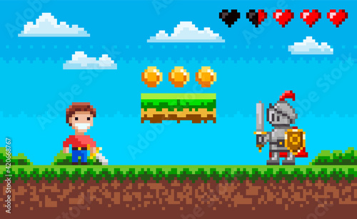 Fototapeta Naklejka Na Ścianę i Meble -  Brave man with steel sword fighting against pixel knight. Enemy attacks human in pixel-game scene