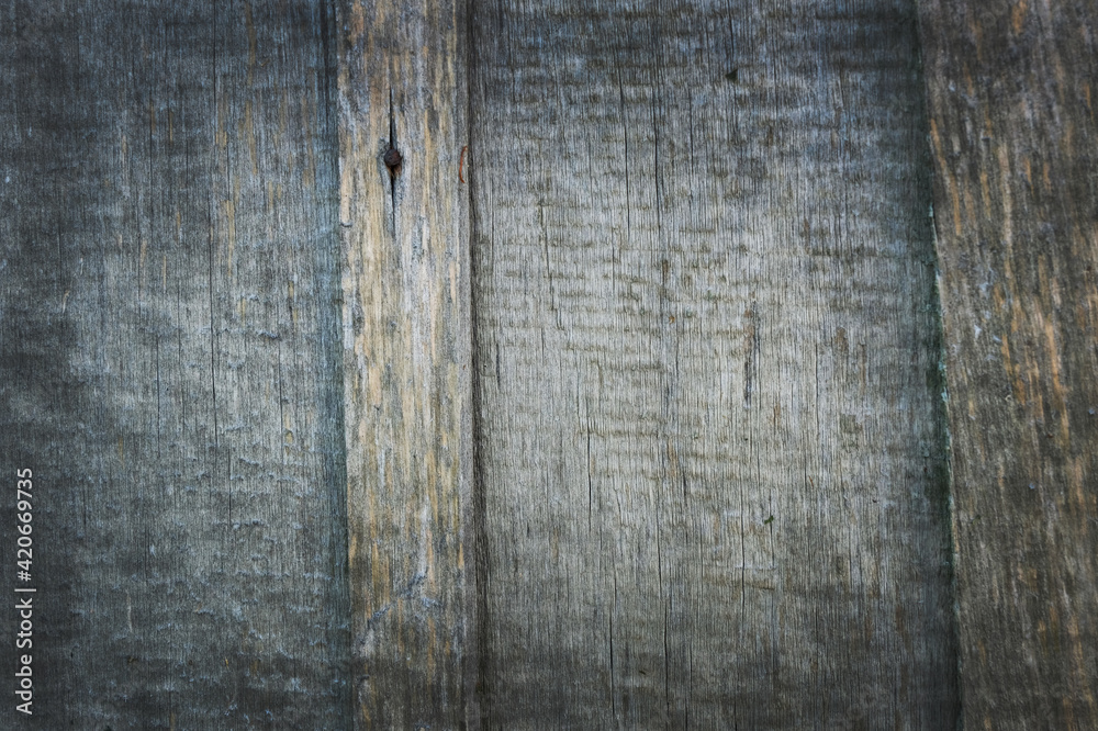 Naklejka premium Old, gray weathered boards. A fence of retro bars. Texture background. Сlose-up. Horizontal.