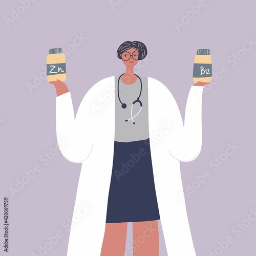 Female doctor keeps bottles with vitamins. Virus protection concept. Vector hand drawn illustration
