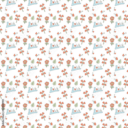 Pattern with flowers, butterflies, leaves and LOVE text with heart shapes on a white background. Used for wallpapers, wrapping paper and other users. 