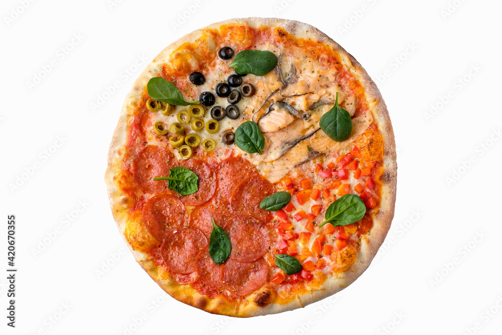 Pizza on white background isolated above view. Delicious homemade pizza top view. Pizza on white background isolated above view. Delicious homemade pizza top view.